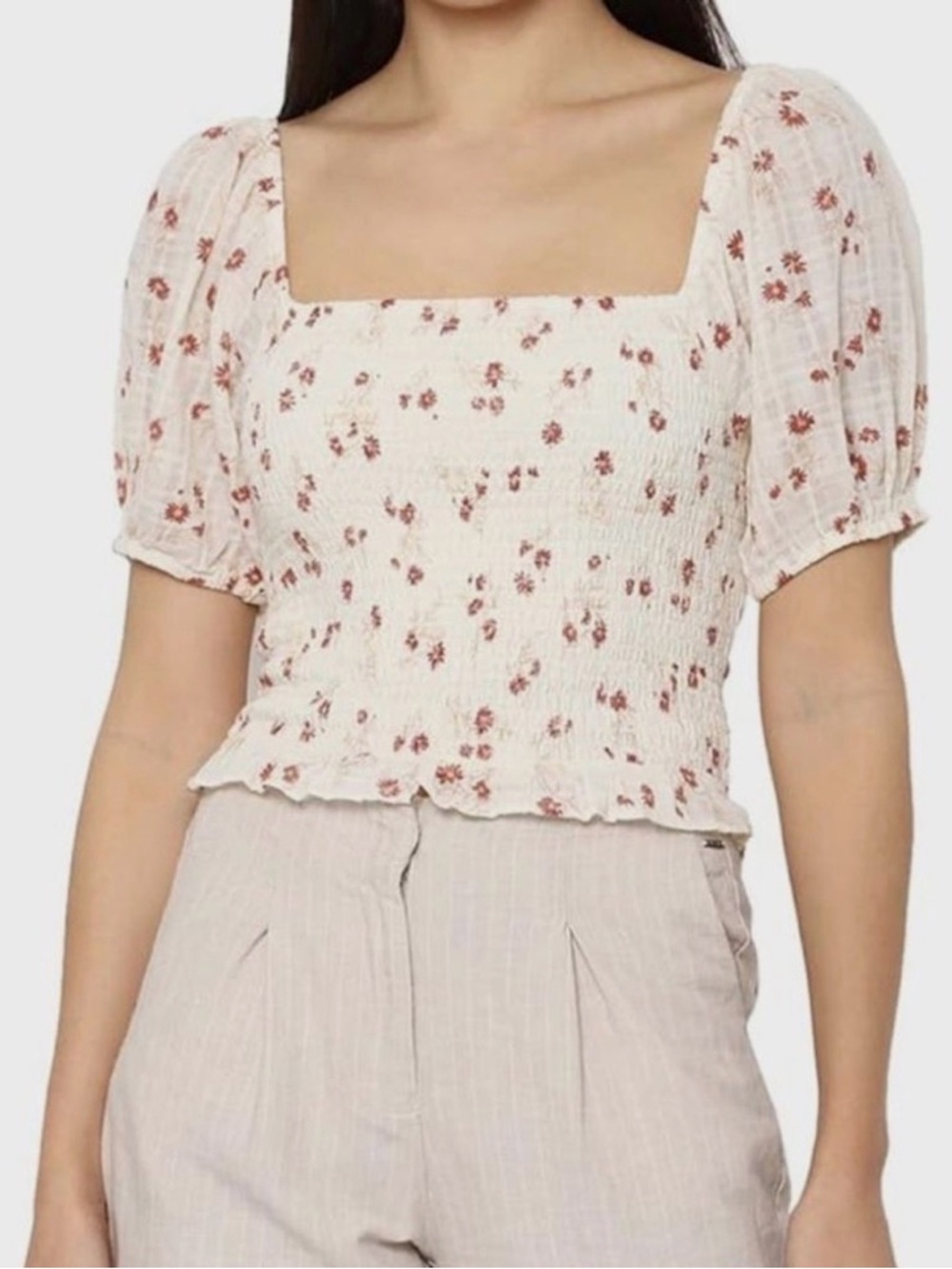 American Eagle Outfitters Cream Smocked Top